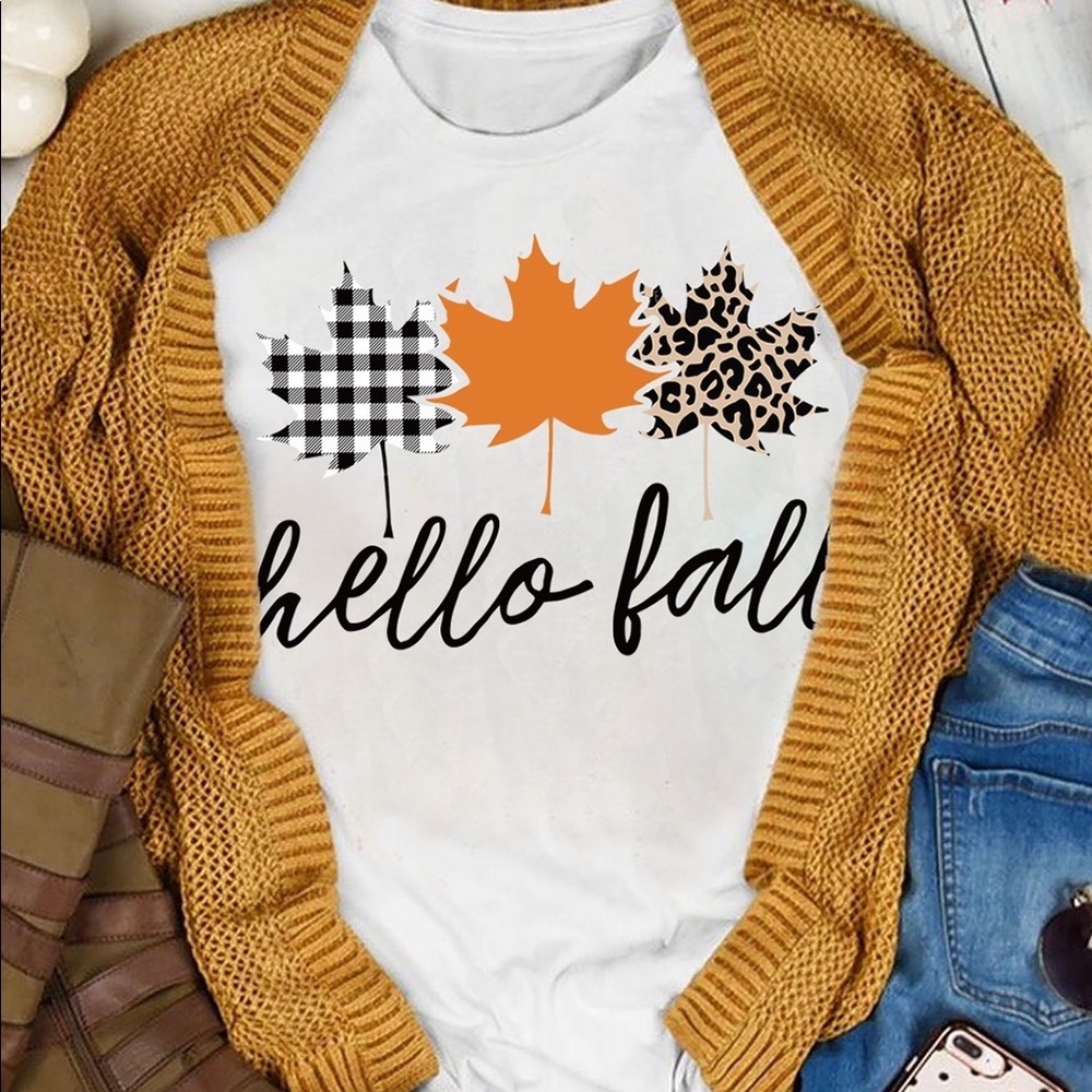 NEW White Hello Fall Mapel Leaves Graphic Short Sleeve Tee